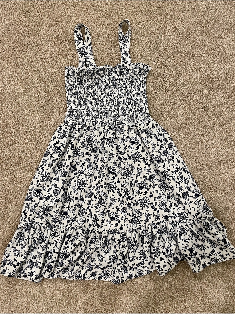 Mary & Mo Smocked White Dress with Navy Floral Print - Picture 2 of 3